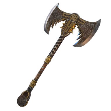 Izole beyaz arka plan üzerinde Viking fantezi iki elle balta. 3d illüstrasyon