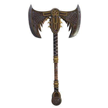 Izole beyaz arka plan üzerinde Viking fantezi iki elle balta. 3d illüstrasyon