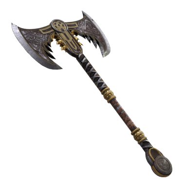 Izole beyaz arka plan üzerinde Viking fantezi iki elle balta. 3d illüstrasyon