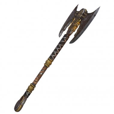Izole beyaz arka plan üzerinde Viking fantezi iki elle balta. 3d illüstrasyon