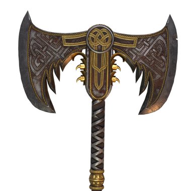 Izole beyaz arka plan üzerinde Viking fantezi iki elle balta. 3d illüstrasyon