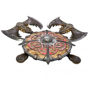 izole beyaz bir arka plan üzerinde balta ve viking kalkanı. 3d illüstrasyon