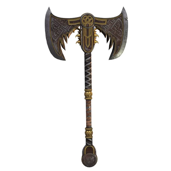 Izole beyaz arka plan üzerinde Viking fantezi iki elle balta. 3d illüstrasyon