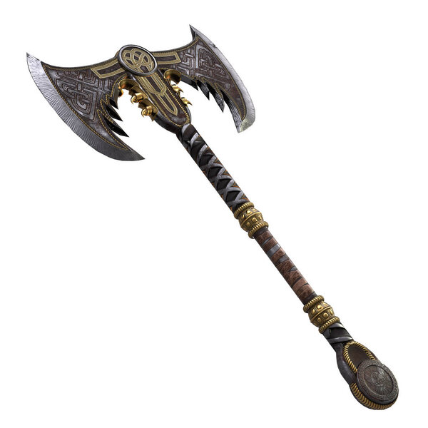 Viking fantasy two-handed ax on an isolated white background. 3d illustration