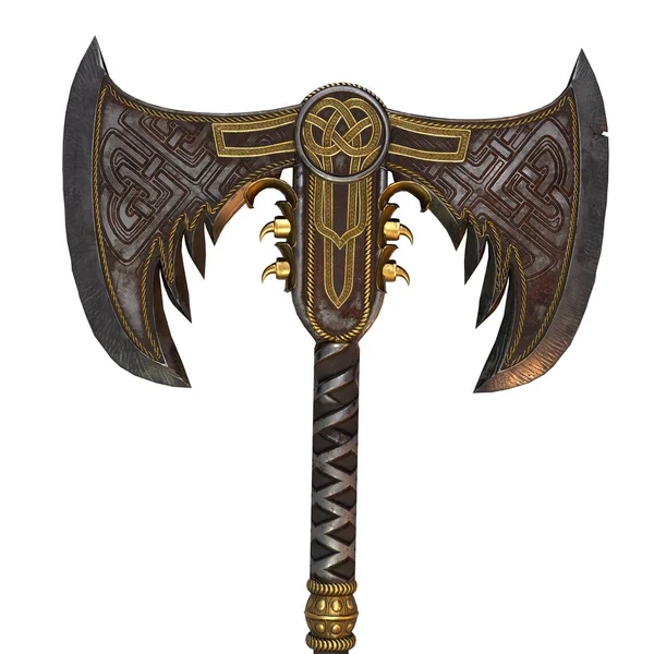 Izole beyaz arka plan üzerinde Viking fantezi iki elle balta. 3d illüstrasyon
