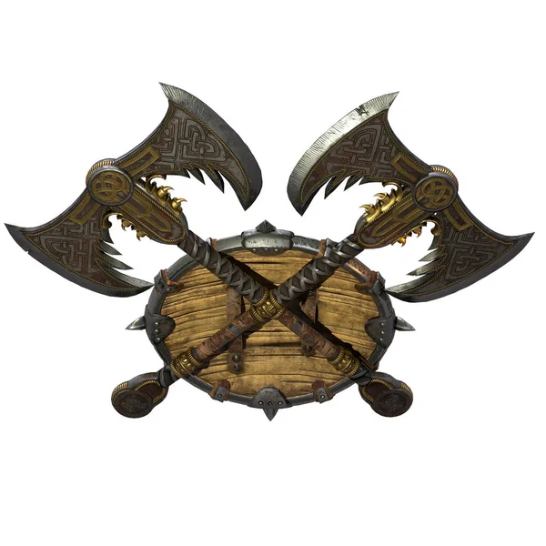 Bijl en Viking Shield op een geïsoleerde witte achtergrond. 3D-illustratie — Stockfoto