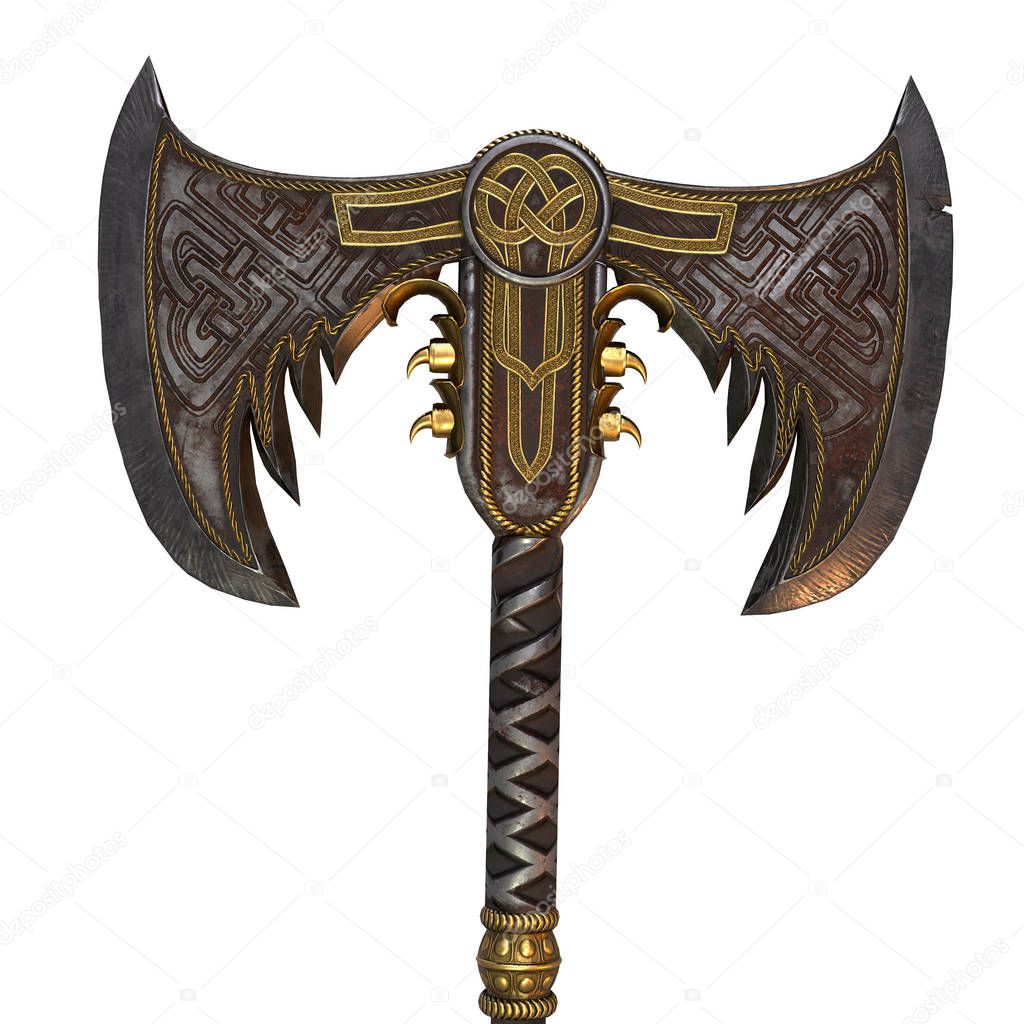 Viking fantasy two-handed ax on an isolated white background. 3d illustration