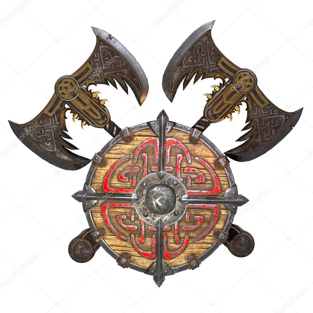 axe and viking shield on an isolated white background. 3d illustration