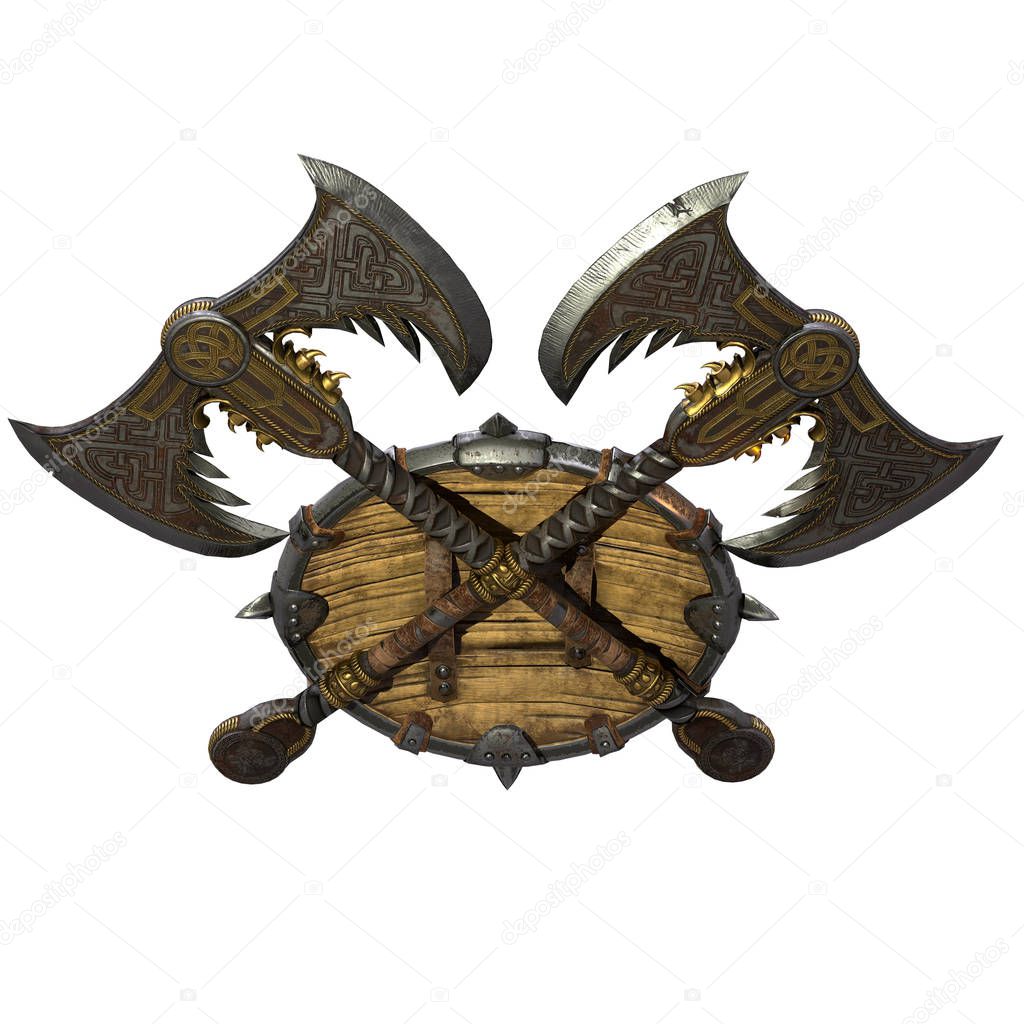 axe and viking shield on an isolated white background. 3d illustration