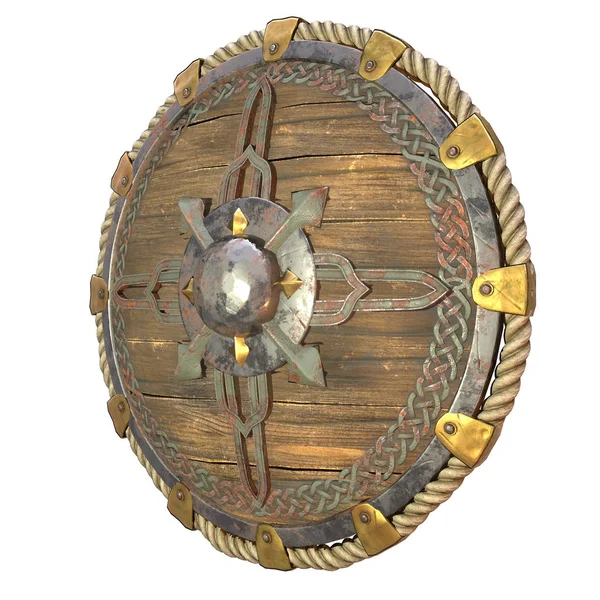 İzole beyaz arka plan üzerinde demir ekler ile Yuvarlak fantezi ahşap kalkan. 3d illüstrasyon