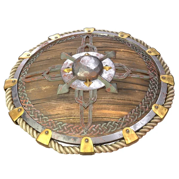Escudo de madeira fantasia redonda com inserções de ferro em um fundo branco isolado. ilustração 3d — Fotografia de Stock