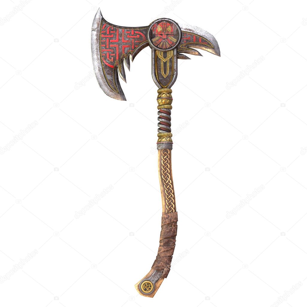 Viking fantasy axe on an isolated white background. 3d illustration