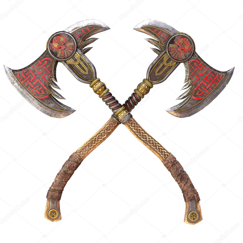 Viking fantasy axe on an isolated white background. 3d illustration