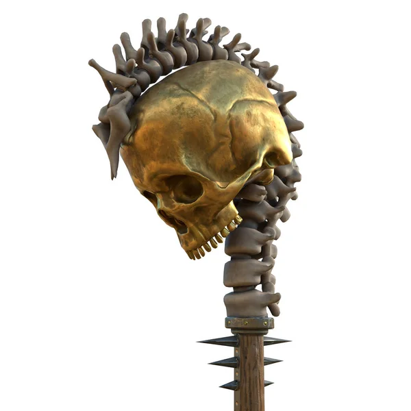 Bastón con un cráneo de madera con inserciones de oro y metal sobre un fondo blanco aislado. ilustración 3d —  Fotos de Stock