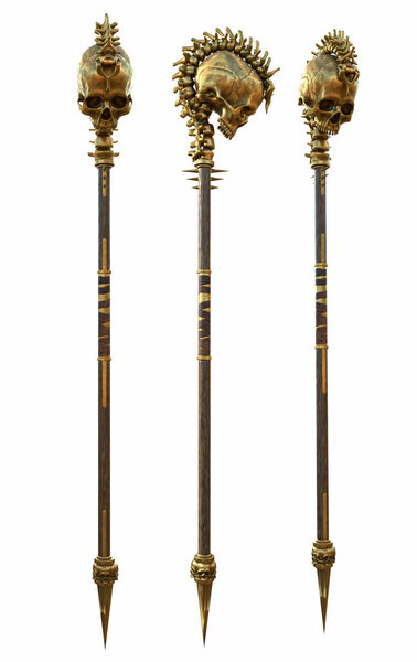 staff with a skull wooden with gold and metal inserts on an isolated white background. 3d illustration