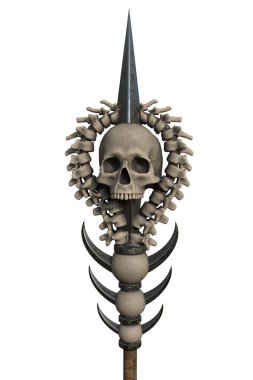 Kafatası ahşabı olan, izole edilmiş beyaz arka planda metal parçaları olan personel. 3d illüstrasyon