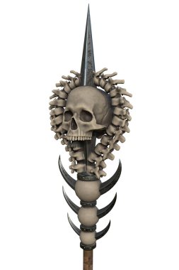Kafatası ahşabı olan, izole edilmiş beyaz arka planda metal parçaları olan personel. 3d illüstrasyon