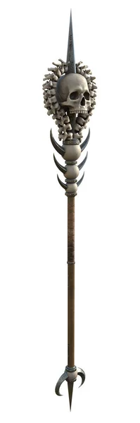 Pauta com um crânio de madeira com inserções de metal em um fundo branco isolado. ilustração 3d — Fotografia de Stock