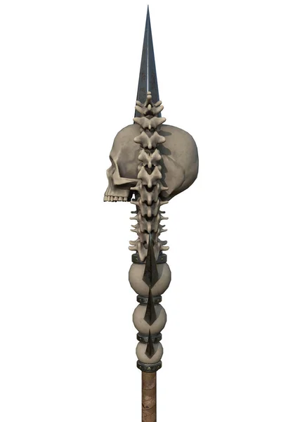 Bastón con un cráneo de madera con inserciones de metal sobre un fondo blanco aislado. ilustración 3d —  Fotos de Stock