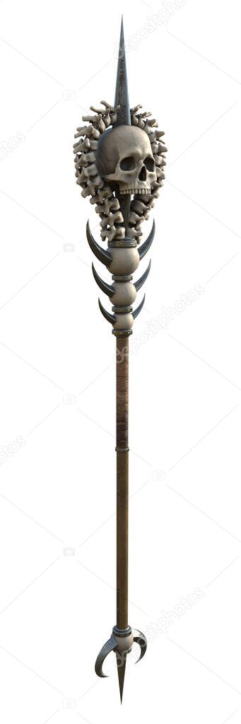 staff with a skull wooden with metal inserts on an isolated white background. 3d illustration