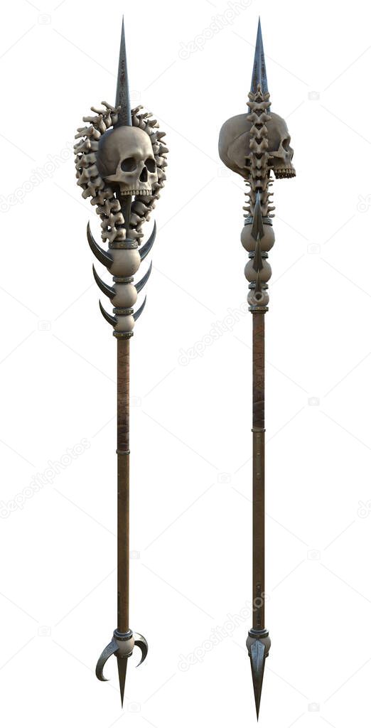 staff with a skull wooden with metal inserts on an isolated white background. 3d illustration