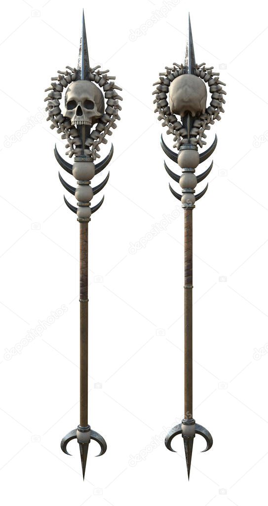 staff with a skull wooden with metal inserts on an isolated white background. 3d illustration