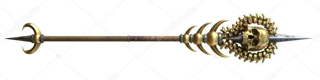 staff with a skull wooden with gold on an isolated white background. 3d illustration