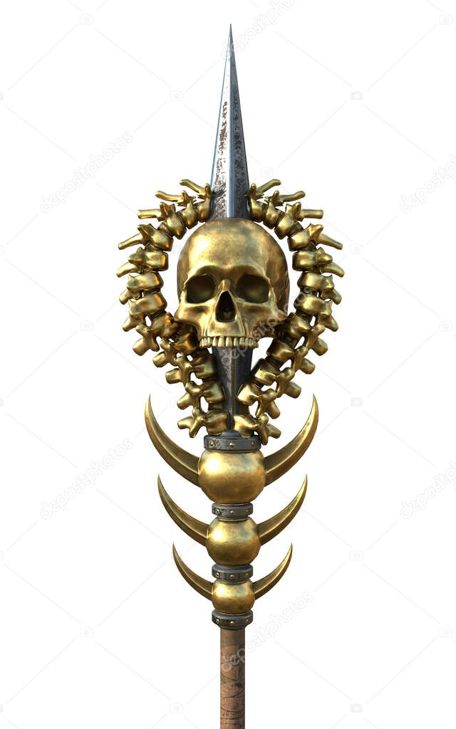 staff with a skull wooden with gold on an isolated white background. 3d illustration