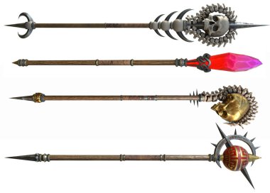 Ayrı beyaz arka planda metal işlemeli ahşap sopalar. 3d illüstrasyon