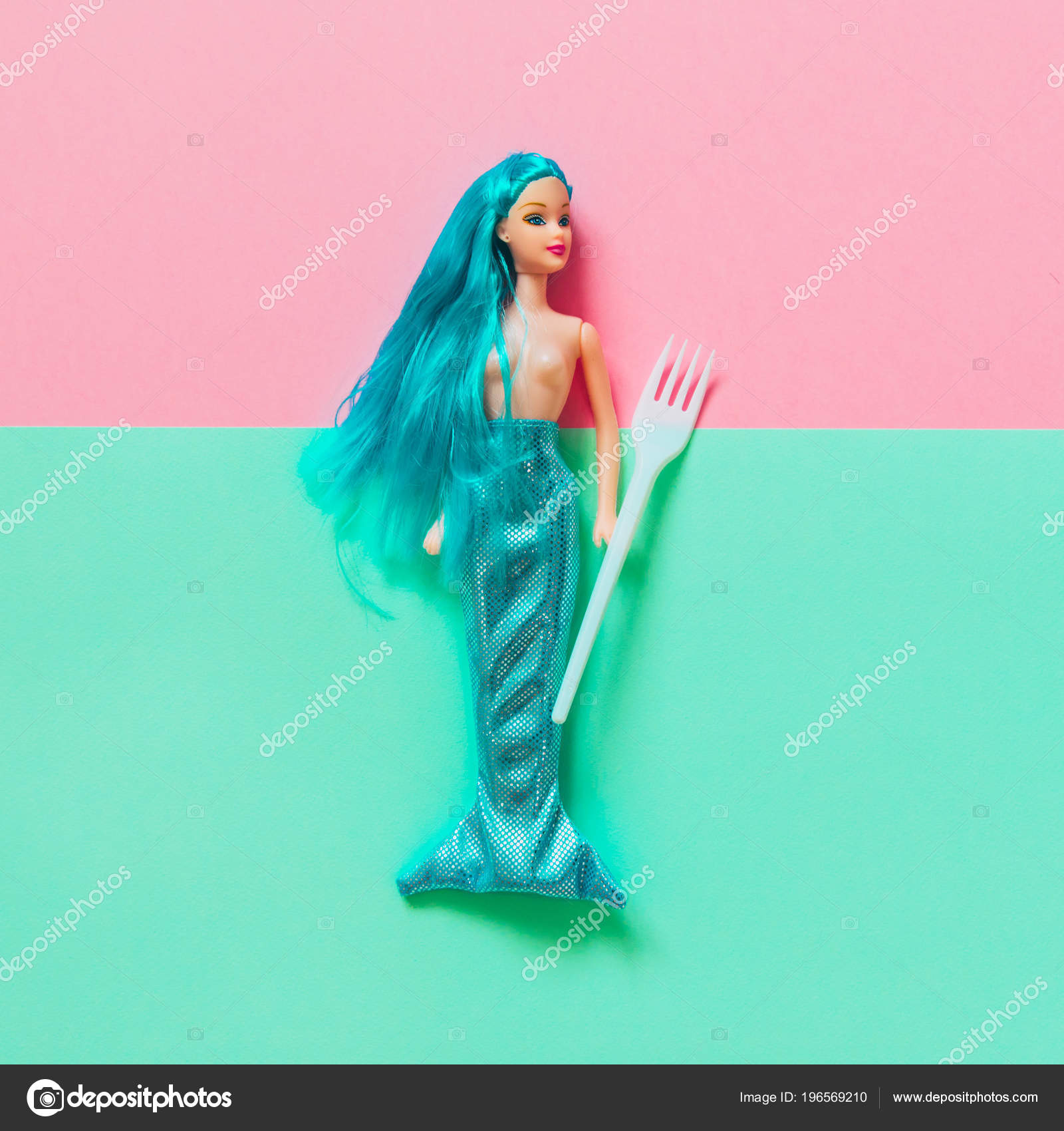 Green Mermaid Doll Long Hair Lying Double Background Plastic Forks Stock Photo C Katya Havok 196569210