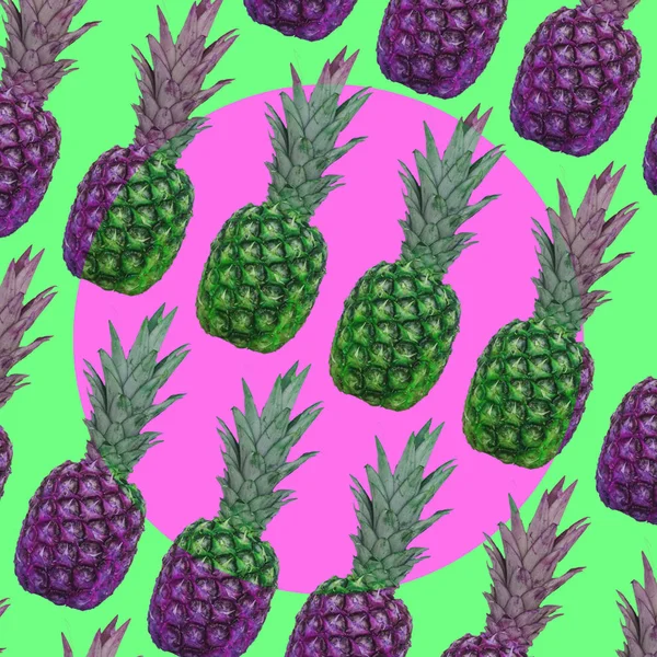 A pattern of green and pink pineapples with a circle in the middle.  Contemporary art collage. Concept of memphis style posters. Abstract surrealism and minimalism