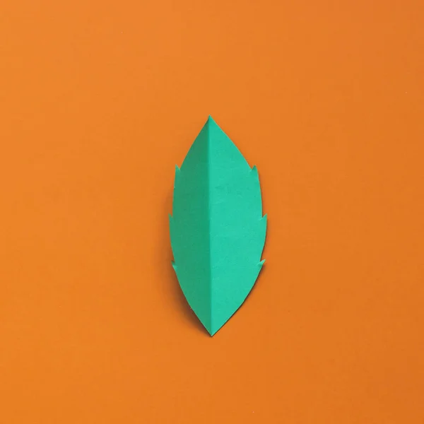 One fallen green leaf on orange background. Minimal flat lay.
