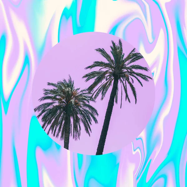 Collage with palm trees in circle frame on pastel holographic foil background. Minimalism