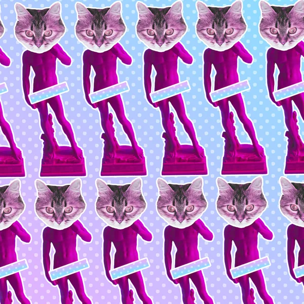 Contemporary art collage of pink neon Davids with cat heads, masterpiece of Renaissance sculpture created  by Michelangelo. Vaporwave style. Gradient background.