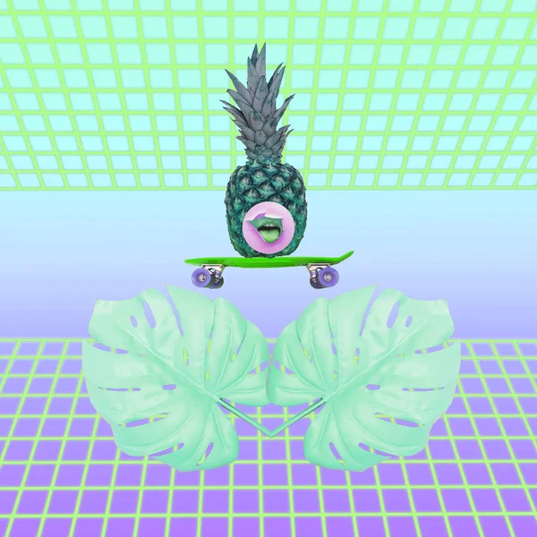 Contemporary art collage of monstera leaves, pineapple head with mouth on skateboard. Neon road background with gradient colors.