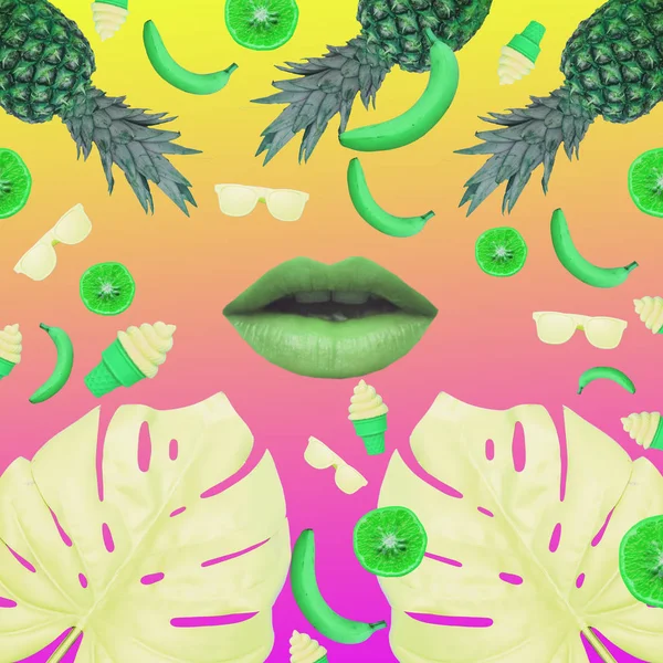 Contemporary art collage of monstera leaves, ice cream, bananas, sunglasses, pineapples and green human lips in middle. Neon background with gradient colors.