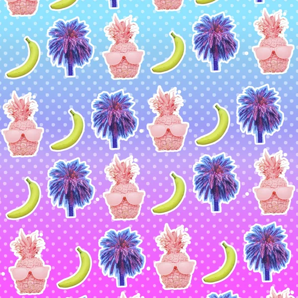 Contemporary art collage of palm trees, bananas and pineapples in sunglasses. Neon background with gradient blue and pink colors and dots.