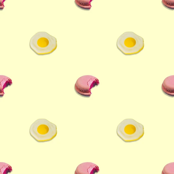 Seamless pattern of scrambled eggs and bitten cookies. Breakfast concept