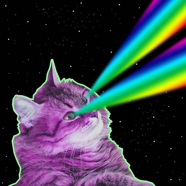 Big Pink Monster Cat Flies Deep Space Shoots Rainbow Lasers — Stock Photo, Image