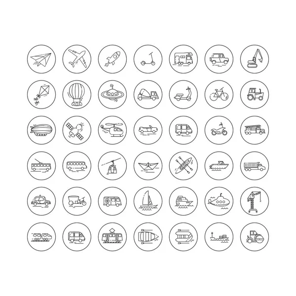 Düz tasarım ulaşım vektör siyah çizgi Icons set.
