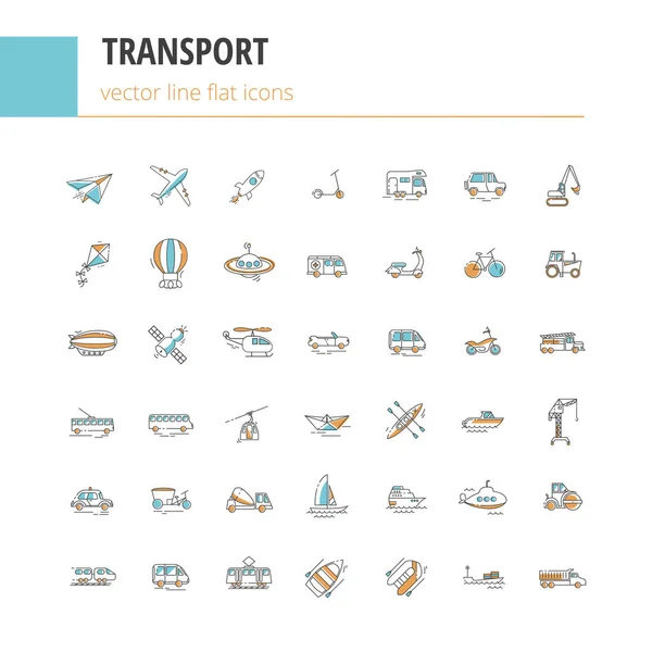 Düz tasarım ulaşım vektör hat Icons set.