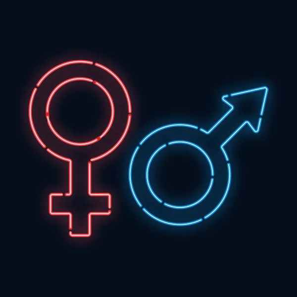 Cinsiyet simgeleri. Venüs ve Mars. Neon kızdırma. Vektör çizim.