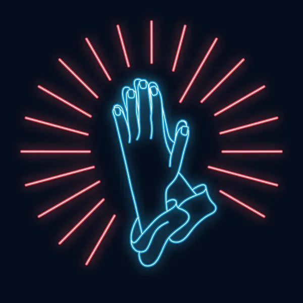 Hands folded in prayer. Neon light. Vector image. — Stock Vector