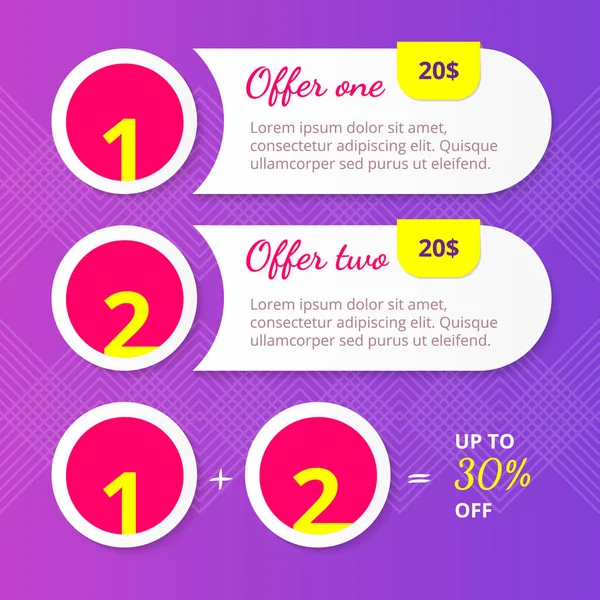 İndirimli olarak iki ürün satın almak. Vektör şablonu.