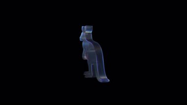 Holografik kanguru parlak siyah arka planda parlıyor ve dönüyor, ikonik keseli keseli hayvanın yanardöner dijital dönüşümünü kusursuz döngü animasyonuyla ortaya çıkarıyor