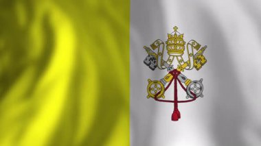 Vatikan bayrağı hafifçe dalgalanıyor, egemen kimliği simgeliyor ve yumuşak arka plan aydınlatmasına karşı tarihi bir mirası simgeliyor.