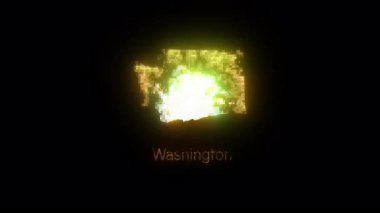 Washington eyalet haritası dinamik olarak dönüşüyor, karanlık arka plan karşısında aydınlık sınırlarla parlıyor, dijital animasyon tasarımı yoluyla coğrafi detayları gösteriyor