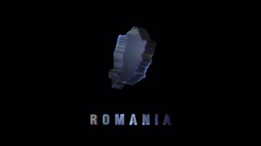 Holografik Romanya haritası ulusal sınırları gözler önüne seriyor, dinamik dijital hareket ve yanardöner parıltıyla karanlık arkaplan üzerinde dönüyor