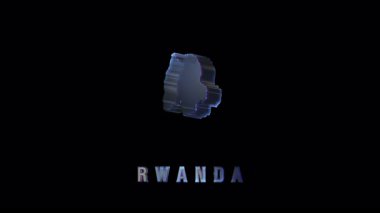 Koyu arkaplan üzerinde dönen, dijital haritayı ve coğrafi görselleştirmeyi gösteren parlayan holografik ruanda haritası