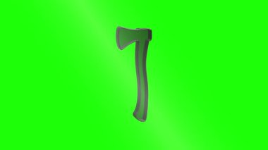 Yeşil ekran arka planında dönen metal balta, görsel efektler ve hareket grafikleri projeleri için mükemmel